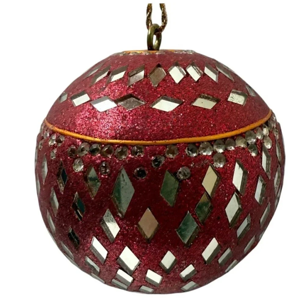 Vintage Indian Beaded Mirror Ball Christmas Ornament Boho Hippie Red Blue Gold